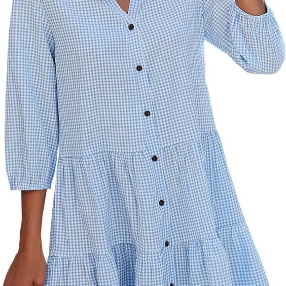 Women's Summer Dresses Casual V Neck Button Down 3/4 Sleeve Floral Print Loose F - Picture 1 of 6